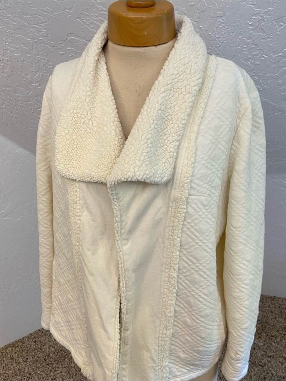L.L. Bean Cream Quilted Cardigan with Sherpa Collar